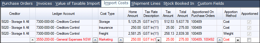 Costs can be recorded against a creditor or a General Ledger account.  When the line displays in red, it is yet to be apportioned